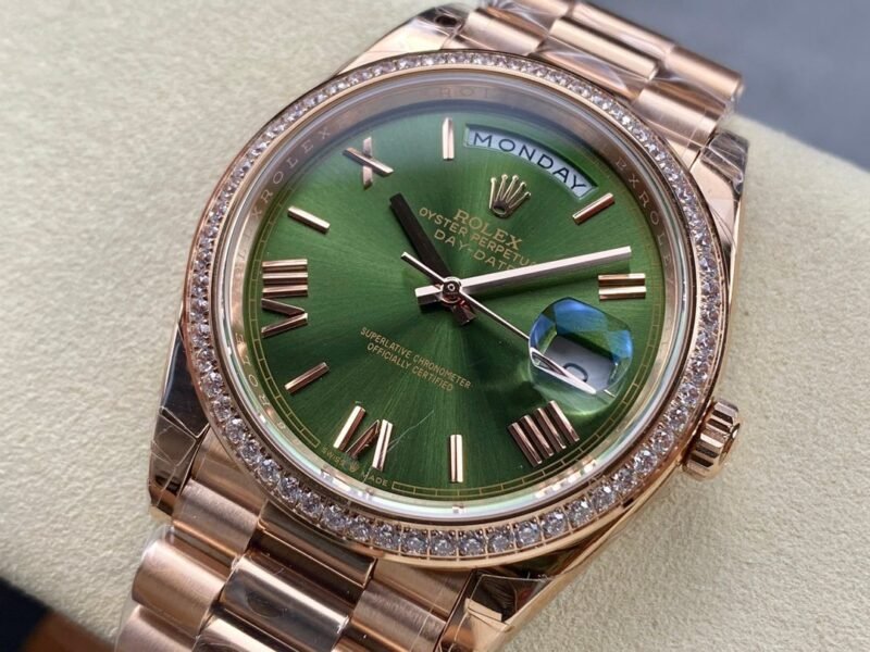Day Date Rolex Weekly Journal Champaign 18K Gold Plated counter weight(rose gold diamonds daydate)